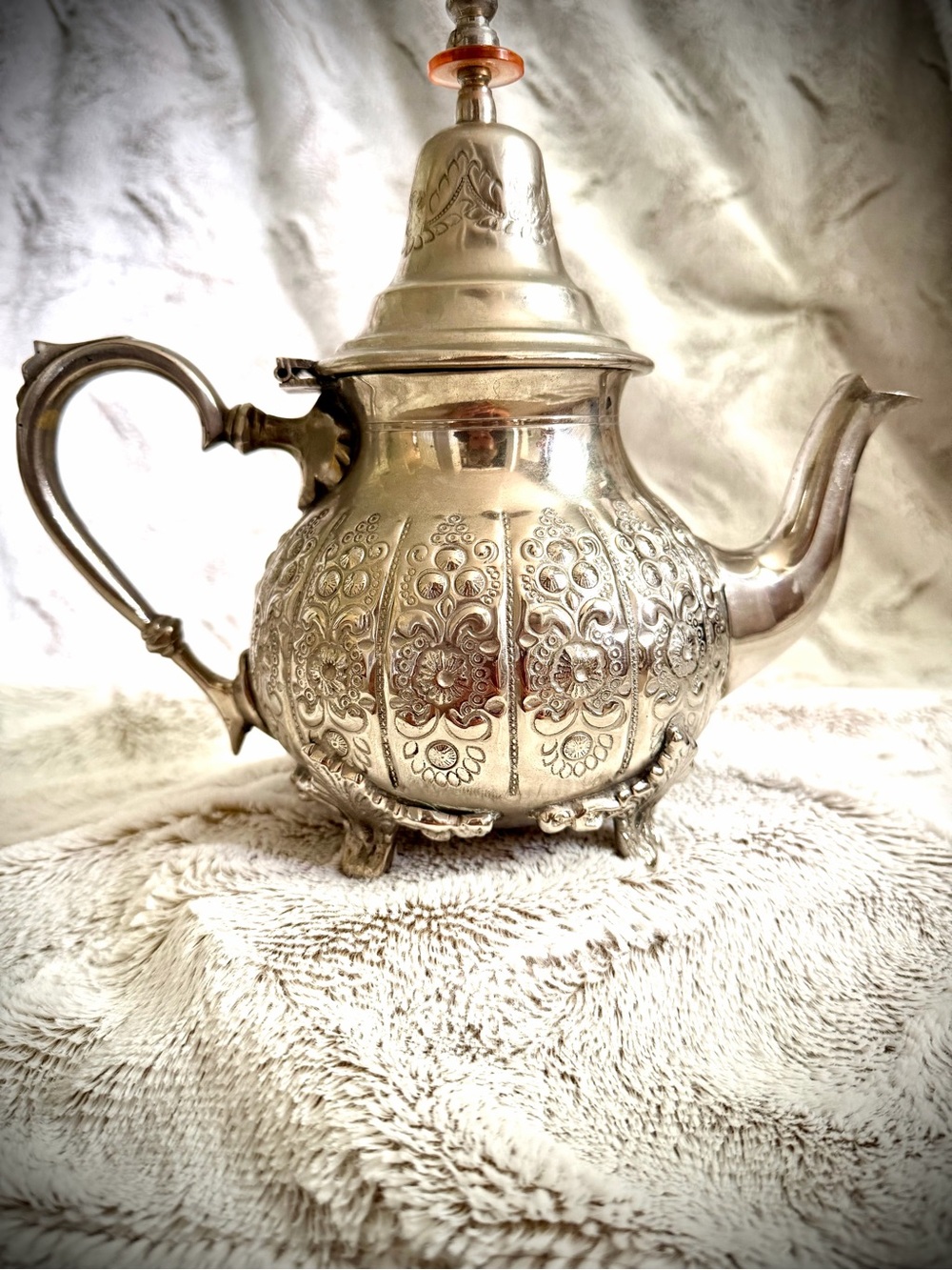 Vintage Morrocan Silver-Tone Embossed Teapot - Decorative Home Kitchen Teapot